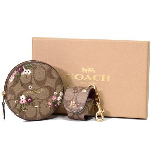 画像1: 【COACH】コーチ シグネチャー エバーグリーン フラワー 花柄 マルチポーチ コインケース イヤホン airpods ケース バッグチャーム 専用BOX付 2点セット カーキ〔日本未発売〕