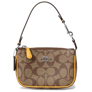 画像1: 【COACH】コーチ シグネチャー レザー リストレット マルチ ポーチ クラッチ ハンドバッグ カーキ×ハニーコウム（日本未発売）