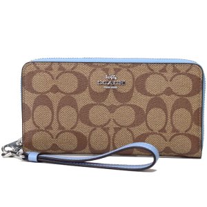 画像1: 【COACH】コーチ コーティングキャンバス スムースレザー シグネチャー リストレット ロング ジップ アラウンド 長財布 カーキ×マーブルブルー（日本未発売）