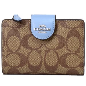 画像1: 【COACH】コーチ コーティングキャンバス スムースレザー シグネチャー ミディアム コーナー ジップ ウォレット 二つ折り財布 カーキ×マーブルブルー（日本未発売）