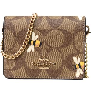 画像1: 【COACH】コーチ コーティングキャンバス レザー シグネチャー ハニービー 2way チェーン ストラップ付き ミニ ウォレット 財布 カーキマルチ〔日本未発売〕
