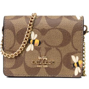 画像1: 【COACH】コーチ コーティングキャンバス レザー シグネチャー ハニービー 2way チェーン ストラップ付き ミニ ウォレット 財布 カーキマルチ〔日本未発売〕