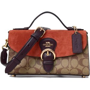 画像1: 【COACH】コーチ コーティングキャンバス レザー スウェード シグネチャー クリオ トップ ハンドル サッチェル フラップ クロスボディ 2WAY ショルダー ハンドバッグ カーキマルチ（日本未発売）