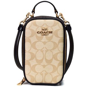 画像1: 【COACH】コーチ コーティングキャンバス レザー シグネチャー エヴァ ロゴ ジップ クロスボディ フォン ポーチ 2way 斜めがけ ハンドバッグ ショルダーバッグ ライトカーキ×ブラウンマルチ（日本未発売）