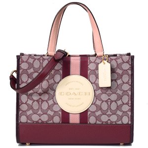 画像1: 【COACH】コーチ ジャガード レザー シグネチャー デンプシー キャリーオール ストライプ ロゴ パッチ 2WAY トート ショルダー ハンドバッグ ワインマルチ（日本未発売）