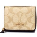 【COACH】コーチ コーティングキャンバス レザー シグネチャー スモール トライフォールド ウォレット 三つ折り財布 ライトカーキ×ブラウンマルチ（日本未発売）