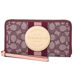 画像1: 【COACH】コーチ ジャガード ぺブルレザー シグネチャー デンプシー ストライプ ロゴ パッチ ラージ iPhone スマホ フォン ウォレット リストレット 財布 ワインマルチ〔日本未発売〕