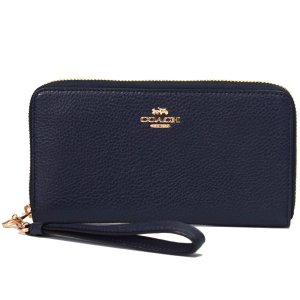 画像1: 【COACH】コーチ ぺブルレザー ロゴ リストレット ロング ジップ アラウンド 長財布 ミッドナイト（日本未発売）