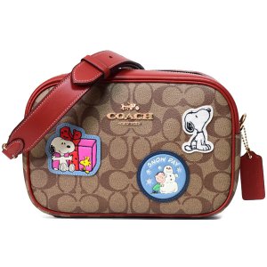 画像1: 【COACH】コーチ コーティングキャンバス レザー シグネチャー ピーナッツ コラボ スヌーピー ワッペン ジェイミー カメラバッグ 2way クラッチ ショルダーバッグ カーキ×レッドウッドマルチ（日本未発売）