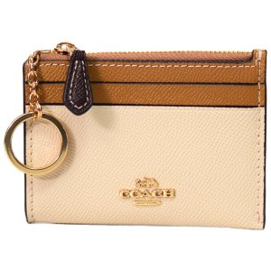 画像1: 【COACH】コーチ クロスグレインレザー ロゴ キーリング付き ミニ スキニー IDケース コインケース アイボリー×ライトサドルマルチ（日本未発売）