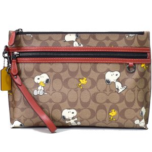 画像1: 【COACH】コーチ コーティングキャンバス レザー シグネチャー ピーナッツ コラボ スヌーピー ポーチ クラッチバッグ カーキマルチ〔日本未発売〕