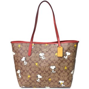 画像1: 【COACH】コーチ コーティングキャンバス レザー シグネチャー ピーナッツ コラボ スヌーピー トートバッグ カーキ×レッドウッドマルチ〔日本未発売〕