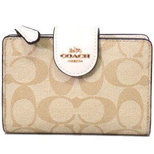 画像1: 【COACH】コーチ コーティングキャンバス スムースレザー シグネチャー ミディアム コーナー ジップ ウォレット 二つ折り財布 ライトカーキ×チャーク（日本未発売）