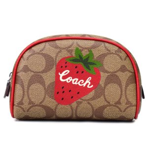 画像1: 【COACH】コーチ コーティングキャンバス レザー シグネチャー ストロベリー 苺 コスメティック ドーム ケース コスメポーチ 化粧ポーチ カーキ×エレクトリックレッド（日本未発売）