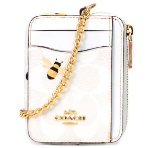 画像1: 【COACH】コーチ レザー シグネチャー ハニービー 蜂 チェーン ジップ カードケース カードポーチ 定期入れ 名刺入れ コインケース チャーク×グレイシャーホワイトマルチ（日本未発売）