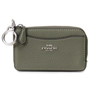 画像1: 【COACH】コーチ ぺブルレザー キーリング付き L字 ジップ ロゴ マルチ ファンクション カードケース コインケース 小銭入れ ダークセージ〔日本未発売〕