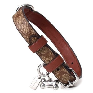 画像1: 【COACH】コーチ ドッグカラー キャンバス レザー シグネチャー スモール リーシュ 骨型 チャーム（犬の首輪）専用BOX付き カーキ×サドル〔日本未発売〕