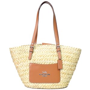 画像1: 【COACH】コーチ ストロー スムースレザー かごバッグ ロゴ ラージ トートバッグ ナチュラル×ライトサドル〔日本未発売〕