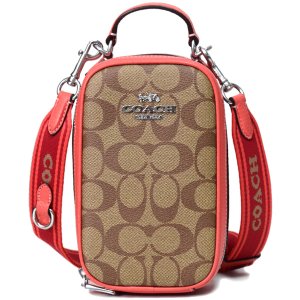 画像1: 【COACH】コーチ コーティングキャンバス レザー シグネチャー エヴァ ロゴ ジップ クロスボディ フォン ポーチ 2way 斜めがけ スマホショルダー ショルダーバッグ カーキ×タンジェリン（日本未発売）