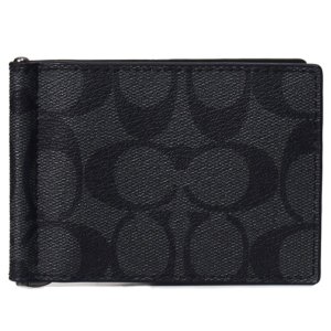 画像1: 【COACH】コーチ メンズ  コーティングキャンバス レザー シグネチャー 二つ折り財布 マネークリップ カードケース 財布 チャコール×ブラック（日本未発売）