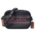 【COACH】コーチ レザー ロゴ ストライプ ミニ ジェイミー カメラバッグ クロスボディー ショルダーバッグ ブラック×サドル（日本未発売）