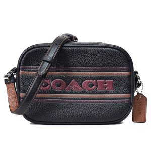 画像1: 【COACH】コーチ レザー ロゴ ストライプ ミニ ジェイミー カメラバッグ クロスボディー ショルダーバッグ ブラック×サドル（日本未発売）