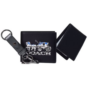 画像1: 【COACH】コーチ メンズ レザー ホースアンドキャリッジ ギフト BOX 二つ折り財布 定期入れ キーホルダー 3点セット ブラック×ガンメタル（日本未発売）