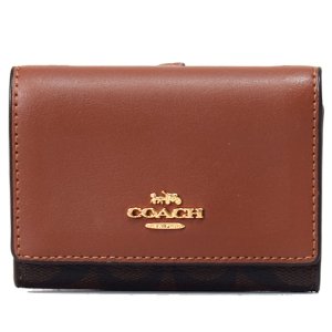 画像1: 【COACH】コーチ コーティングキャンバス レザー シグネチャー スモール マイクロ ウォレット コンパクト 三つ折り財布 ブラウン×レッドウッド（日本未発売）