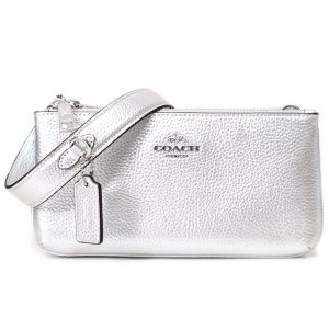 画像1: 【COACH】コーチ レザー ダブルジップ ロゴ 2way クラッチ クロスボディー ショルダーバッグ メタリックシルバー （日本未発売）