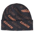 【COACH】コーチ ウール テキスト ロゴ ニット ビーニー キャップ 帽子 ブラック×サドル（日本未発売）