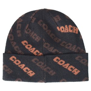 画像1: 【COACH】コーチ ウール テキスト ロゴ ニット ビーニー キャップ 帽子 ブラック×サドル（日本未発売）