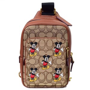 画像1: 【COACH】コーチ ジャガード レザー シグネチャー ディズニー ミッキー コラボ トラック パック ワンショルダー バックパック ボディーバッグ カーキマルチ〔日本未発売〕