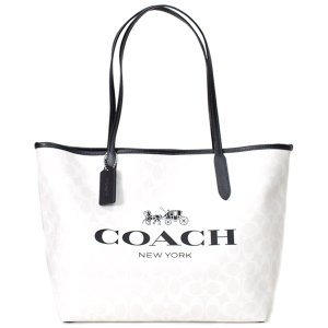 画像1: 【COACH】コーチ コーティングキャンバス スムースレザー シグネチャー ロゴ シティ トートバッグ ホワイトデニム チャークマルチ〔日本未発売〕