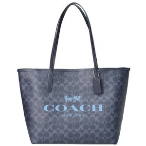 画像1: 【COACH】コーチ コーティングキャンバス スムースレザー シグネチャー ロゴ シティ トートバッグ デニム×ミッドナイトネイビー〔日本未発売〕