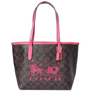 画像1: 【COACH】コーチ コーティングキャンバス レザー シグネチャー ミニ シティ ホース アンド スレイ トートバッグ ブラウン×ルージュ〔日本未発売〕