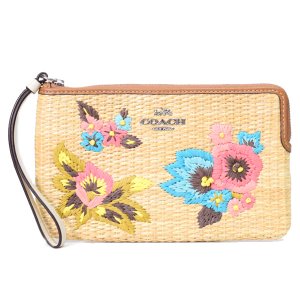 画像1: 【COACH】コーチ ストロー レザー 刺繡 フローラル 花柄 コーナー ジップ リストレット ポーチ ナチュラルマルチ〔日本未発売〕