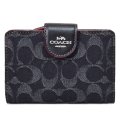 【COACH】コーチ デニム スムースレザー シグネチャー ミディアム コーナー ジップ ウォレット 二つ折り財布 ブラック（日本未発売）