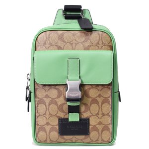 画像1: 【COACH】コーチ メンズ コーティングキャンバス レザー シグネチャー トラック パック ワンショルダー バックパック ボディーバッグ カーキ×ソフトグリーン〔日本未発売〕