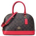 【COACH】コーチ バッグ ドーム型 コーティングキャンバス レザー シグネチャー ミニ サッチェル 2WAY ショルダー ハンドバッグ ブラウン×トゥルーレッド（日本未発売）