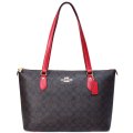 【COACH】コーチ バッグ トート コーティングキャンバス レザー シグネチャー ギャラリー ジップ トートバッグ ブラウン×レッド〔日本未発売〕