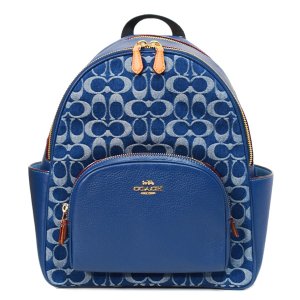 画像1: 【COACH】コーチ バックパック デニム レザー シグネチャー コート ダブルジップ チェリー さくらんぼ チャーム付き リュックサック デニム×ナチュラル〔日本未発売〕