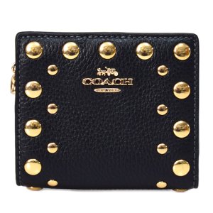 画像1: 【COACH】コーチ 財布 スタッズ ぺブルレザー ロゴ チャーム コンパクト スナップ ウォレット 二つ折り 財布 ブラック（日本未発売）
