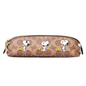 画像1: 【COACH】コーチ スヌーピー ペンケース ピーナッツ コラボ ウッドストック レザー シグネチャー ペンシルケース タン×ブラウンマルチ（日本未発売）