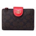 【COACH】コーチ 財布 コーティングキャンバス レザー シグネチャー ミディアム コーナー ジップ ウォレット 二つ折り財布 ウォルナット×ボールドレッド（日本未発売）