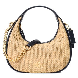 画像1: 【COACH】コーチ バッグ 三日月型 かごバッグ カルメン ストロー レザー ミニ ロゴ 2way チェーン クロスボディ 斜め掛け ショルダーバッグ ハンドバッグ トースト×ブラック（日本未発売）