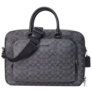 画像1: 【COACH】コーチ メンズ バッグ コーティングキャンバス レザー シグネチャー イーサン ブリーフ ダブルジップ 2WAY ビジネス キャリーフック ショルダーバッグ チャコール×ブラック〔日本未発売〕