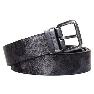 画像1: 【COACH】コーチ ベルト メンズ 迷彩柄 コーティングキャンバス レザー シグネチャー カモフラ バックル カット トゥ サイズ リバーシブル 38mm ベルト グレーマルチ〔日本未発売〕