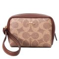 【COACH】コーチ ポーチ コーティングキャンバス レザー シグネチャー スクエア ポーチ ミニ ジップ リストレット 小物入れ ポーチ タン×ブラウン〔日本未発売〕