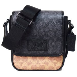 画像1: 【COACH】コーチ メンズ バッグ コーティングキャンバス レザー シグネチャー ルーカス ロゴ コンパクト クロスボディ 斜め掛け メッセンジャー ショルダーバッグ タン×チャコール×ブラック〔日本未発売〕