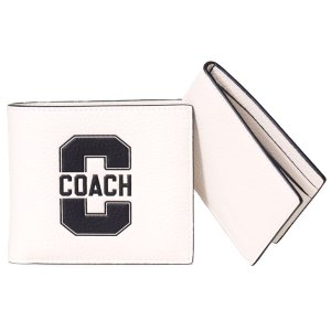 画像1: 【COACH】コーチ 財布 メンズ ぺブルレザー バーシティ ロゴ コンパクト カードケース付き 2点セット 二つ折り財布 チャーク×ブラック（日本未発売）